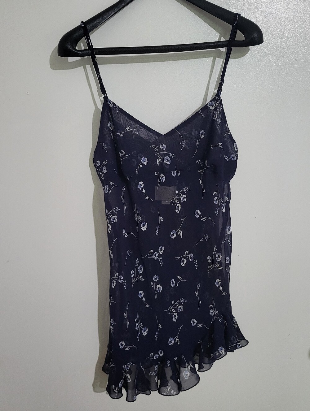 Silk & Satin Navy Blue Floral Ruffled Slip Dress